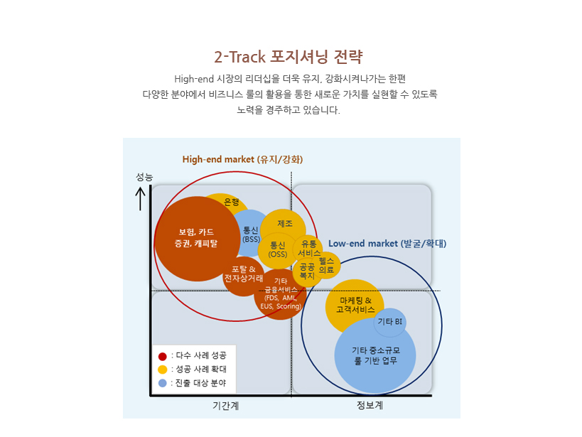 2-Track 포지셔닝 전략 - High-end 시장의 리더십을 더욱 유지, 강화시켜나가는 한편 다양한 분야에서 비즈니스 룰의 활용을 통한 새로운 가치를 실현할 수 있도록 노력을 경주하고 있습니다.